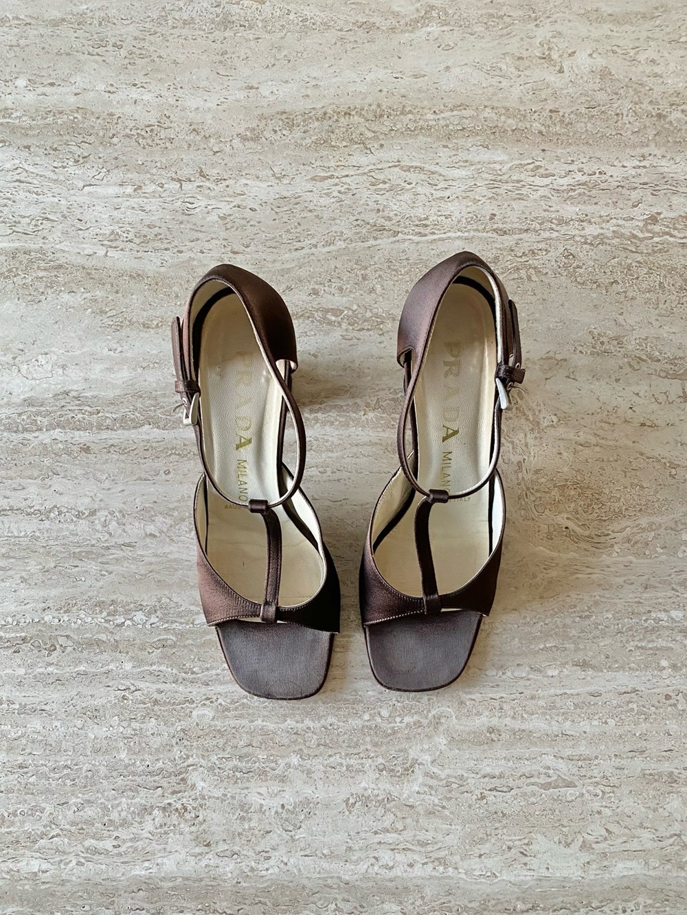 Vintage Prada Satin T-strap Block Heel Sandals